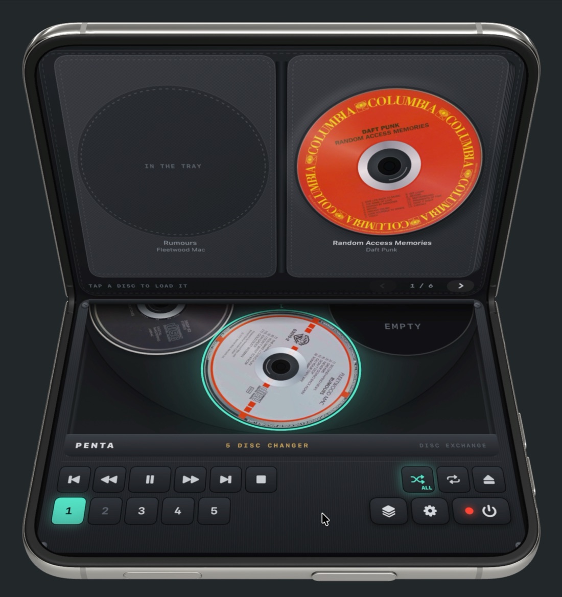 iPhone Duo folded like a laptop: CD wallet above, disc tray below